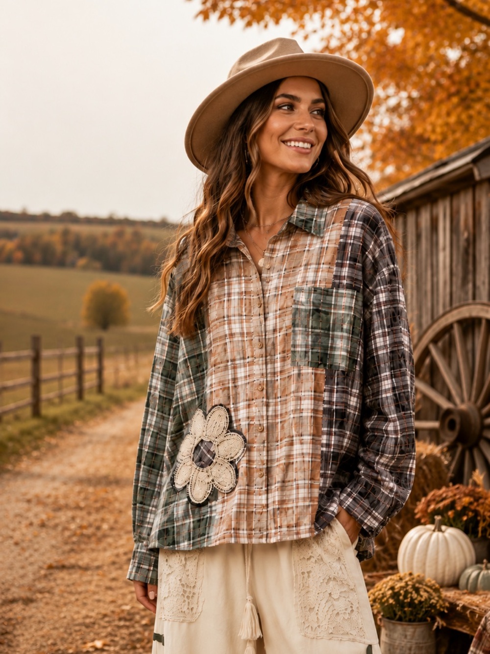 Mello Patchwork Plaid Button-Up Shirt in Green and Tan